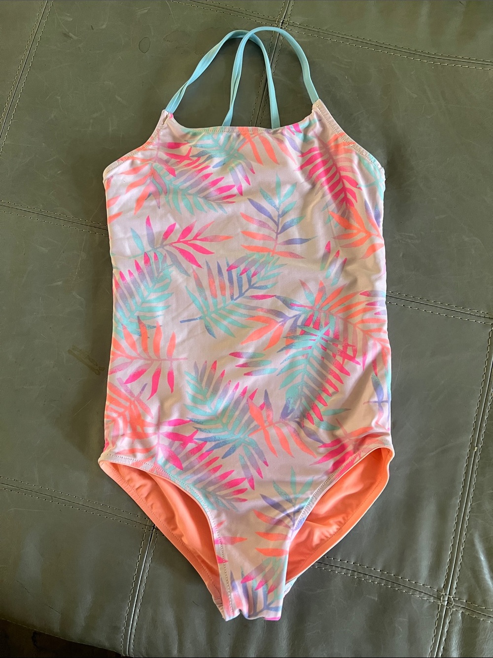 Justice Pastel Palm One-Piece Swimsuit - Pink, Coral, Aqua